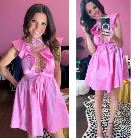 For Love & Lemons Lala Lace Up Heart Choker Ruffle Pink Mini Dress Size S - Picture 4 of 12